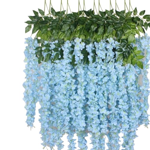 OUKEYI Lot de 12 guirlandes de glycines artificielles en Soie à Suspendre pour intérieur et extérieur, Maison, Jardin, décoration de Noël, fête de Mariage (Bleu...