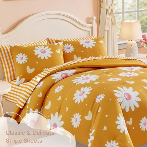 Image of Full Size Comforter Set for Girls Mustard Yellow Daisy 7 Pieces Bedding Set