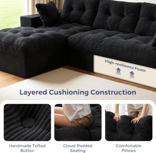 Image of MAXYOYO Boneless Couch, 104-Inch L-Shaped Cloud Couch with Ottoman | Black Upholstered Sofa Features Layered Cushions and Flexible Modules with No Assembly, Ideal for Modern Living Rooms.