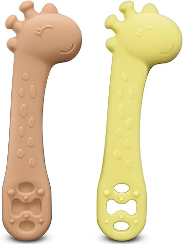 Cucharas para bebé, cucharas de destete LED para la etapa 1 + etapa 2, cucharas para niños pequeños con gomas de punta suave, 2 cucharas de silicona