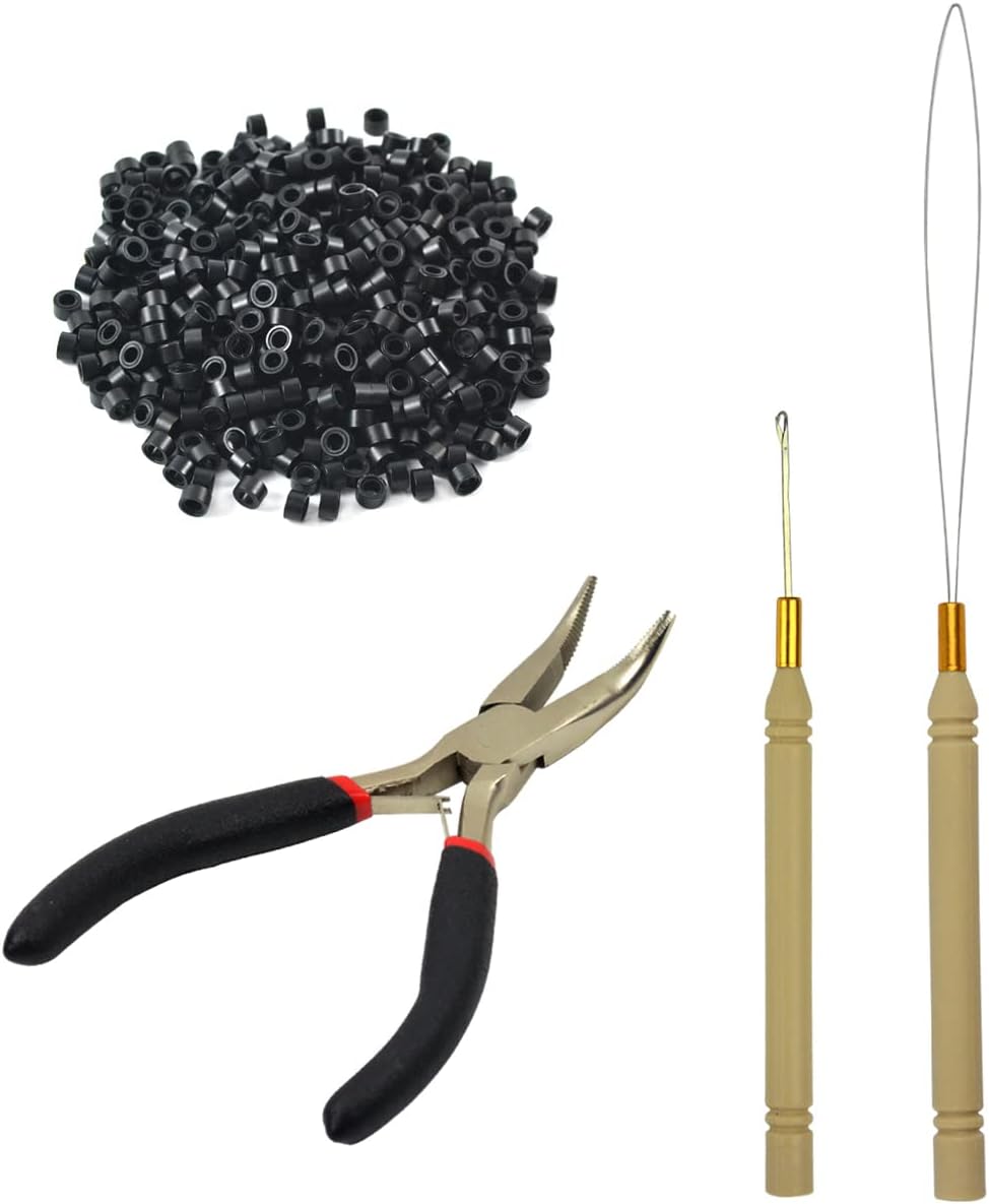 Hair Extensions Tool Kit Black Hair Pliers Pulling Hook Bead Device Tool Kits and 500 Pcs 5 mm Micro Links Rings Beads (Black)