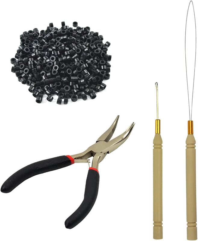 Hair Extensions Tool Kit Black Hair Pliers Pulling Hook Bead Device Tool Kits and 500 Pcs 5 mm Micro Links Rings Beads (Black)