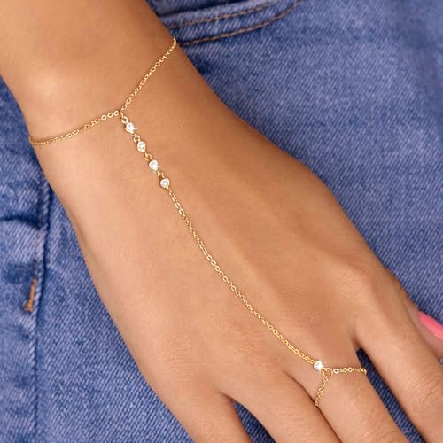 Gold Hand Chain Bracelet Ring Bracelet, 14K Gold Plated Finger Ring Bracelet Zircon Pearl Bead Satellite Hand Chain for Women Trendy Jewelry Non Tarnish Gold Ring Hand Bracelet4