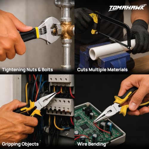Image of TOMAHAWK ELE-1110 10-Piece Electrician Hand Tool Kit | 2 x Pliers, Hacksaw, Measuring Tape, Tester, Wire Stripper, Adjustable Spanner, Insulating Tape, 2 in 1 Screwdriver, Claw Hammer with Toolbox