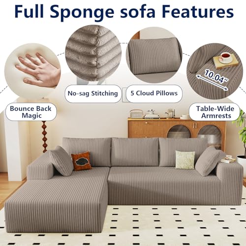 Image of 96 inch Modular Sectional Sofa, Modern Corduroy Cloud Couch with Deep Seat, Boneless Couch Upholstered 3-Seater L-Shaped Sofa for Living Room, No Assembly Required (Camel, Left-Facing Chaise)
