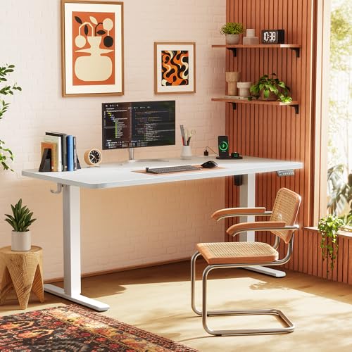 Image of Huuger Electric Standing Desk with Power Outlets and USB-C Port, 55 X 24 Inch Height Adjustable Desk, Sit Stand Desk for Home Office, Computer & Gaming Desk with 4 Presets, Stable Steel Frame, White