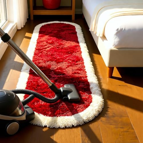 Image of Fluffy Silky Micro Fiber Polyster Carpet /Runner for Bedroom, Study Room, Playing Room, Guest Room ETC. 4x6 feet Feet, (Red and Ivory Side boder)