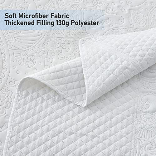 Image of Qucover White Oversized King Bedspread, Soft Microfiber Lightweight California King Quilt, 3-Piece Ultrasonic Quilting Paisley Pattern Oversized King Quilt Sets with Shams, 128 x 120 Inches