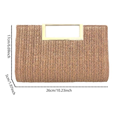 Image of Women's Straw Raffia Clutch Purse, Top Handle Woven Handbag with Crossbody Strap, Summer Beach Shoulder Bag