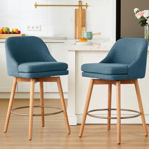 Image of kinmars Modern Bar Stools Set of 2,Swivel Counter Height Bar Stools with Soft Upholstered Back,Thick Seat,Wooden Legs, 27 inch Counter Stools for Kitchen Island (Blue, 2 Pieces - 27 inch Counter Height)