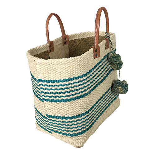 Bolso tote de mercado MAR Y SOL Natural Aqua con rayas, bolso playero tejido a mano de sisal y hierba marina con pompones, bolso de rafia de apertura superior con bolsillo interior miniatura 2