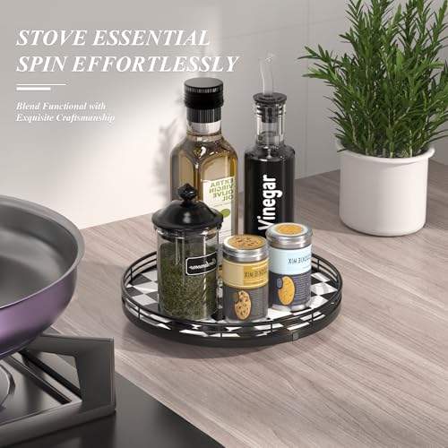 Image of Black and White Kitchen Lazy Susan Turntable - Checkered Round Decorative Tray, 10 inch Table Top Oak Wood Lazy Susan for Cookies, Dining Table Organizer, Small Kitchen Table Centerpiece