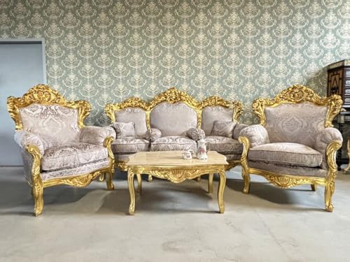 CasAmin Home & Living Sofagarnitur in Dunkelbeige Französisches Couchgarnitur im Louis XL Stil mit Goldfinish für die Hotellobby Barock Rokoko Salon Sofa als Wohnzimmer Dekoration – Bild 5