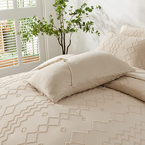 Khaki Tufted Comforter Set Queen With Sheets,7 Pieces Bed In A Bag Boho Comforter Shabby Chic Geometry Embroidery Bedding Set Soft Microfiber Farmhouse Comforter (Queen 90×90 Inches) #TOP6