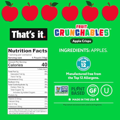 Image of That's it. Fruit Crunchables (15 Pack) Apple Crisps healthy snacks for kids, Plant-Based, Non-GMO, Gluten-Free, No Sugar Added - Healthy Snack for lunch box 100% Natural Crunchy Fruit Snack
