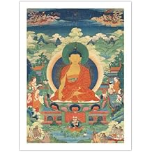 Buddhas Miracles at Shravasti - Vintage Tibetan Thangka Buddhist Painting - Tibet, 18th Century - Bamboo Fine Art 290gsm Paper Print Unframed 24x32in