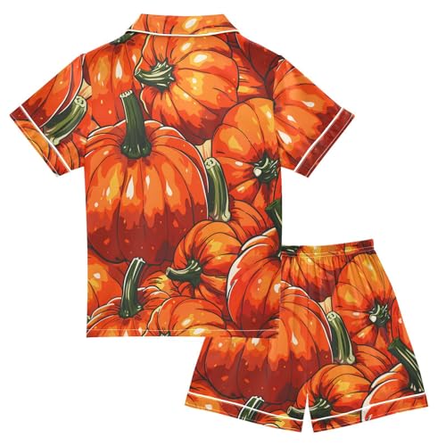 Satin Pajama Sets Short Sleeve Fall Pumpkin Pattern in Orange Button Down Silky Nightwear 2 Piece PJS 5-14Y2