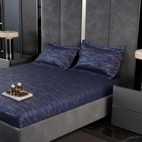 Image of Stoa Paris 350TC Luxture Cotton King Fitted Bedding Set with 2 Pillow Covers, All-Around Elastic Fitted Bedsheet 183cm x 198cm + 30cm Drop, All Season Comfort, Breathable, Panache 2.0 - Navy
