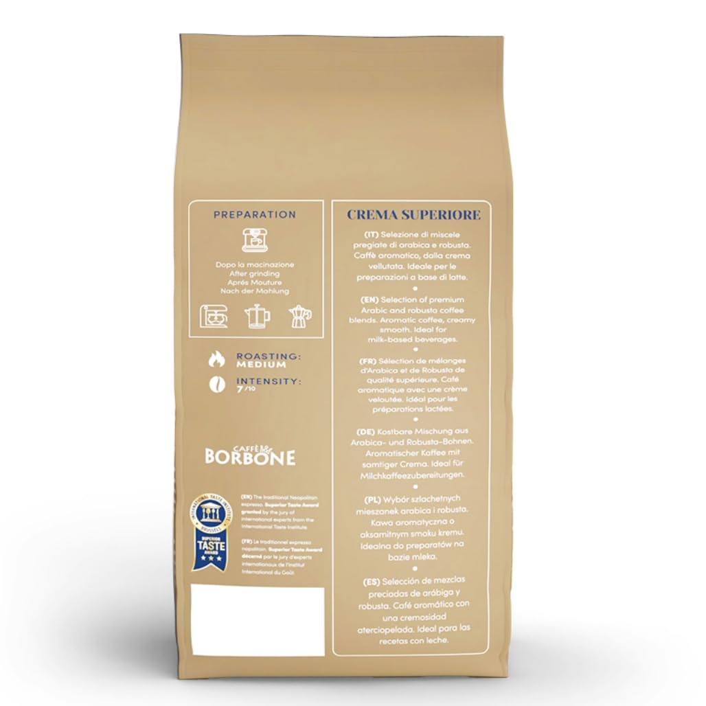 Caffè Borbone Café en Grano Crema Superiore Intensidad 7/10 Mezcla Potente y Refinada 1kg
