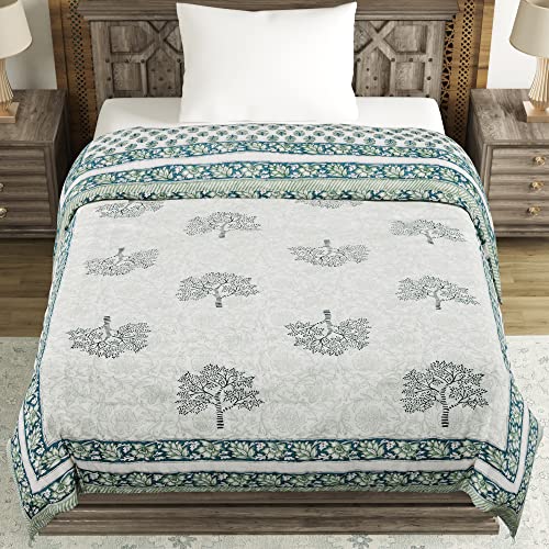 Image of BLOCKS OF INDIA Cotton Single Size Quilt Hand Block Print for Light Winters (60X90 Inches) (Green Tree), Lightweight, 300 TC