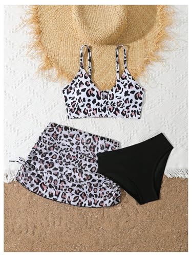 Image of COZYEASE Girls' 3 Piece Set Floral Print Bikini Swimsuit with Drawstring Beach Skirt Cute Ruched Bathing Suit