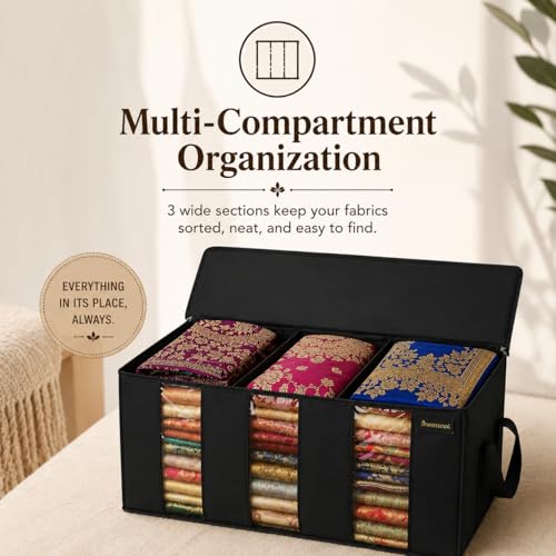 Image of Foldable Under Bed Clothes Organizer with 3 Dividers & Clear Window | Pack of 3 Storage Boxes with Handles | Underbed Clothes Storage Container for Blankets, Quilts, Clothes & Bedding | Black