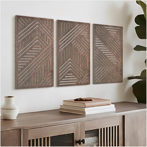 VIYYIEA Boho Solid Wood Carved Wall Art Set of 3 Geometric Minimalist Wooden Home Decor Panels Handcrafted Solid Wood Wall Hanging for Living Room Bedroom Hallway 16 x 8 Inch Each (Sunset Brown)