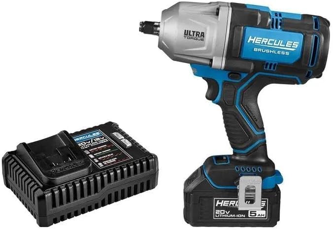 Fits HERCULES 20V Brushless Cordless 1/2 in Ultra Torque Impact Wrench Kit with 5 Ah Battery & Charger 1500 ft-lbs Bolt Breakaway Torque 1000 ft-lbs Fastening Torque Var. Speed Trigger LED Light