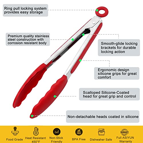 Asiyun Kitchen Tongs, Set Of 5-7 & 9Inch Stainless Steel Cooking Tongs With Non-Stick Silicone Tips, High Heat Resistant To 450°F For Cooking, Bbq, Grilling, Salad - Heavy Duty, Bpa Free #TOP3