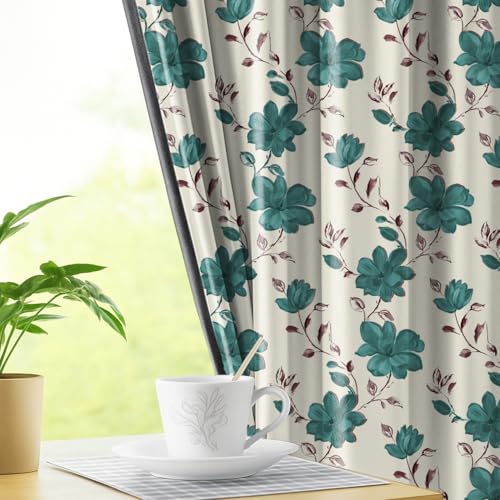 Image of LINENWALAS Printed Blackout Curtains for 10 Feet Long Door | Set of 2 | Digital Printed Floral Drapes | Thermal Insulated, Room Darkening Panels with Grommet Hanging for Living Room (Teal Bloom)