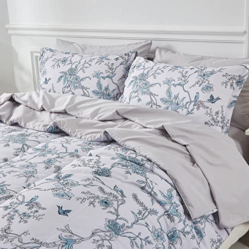 Yogeneg Botanical King Size Comforter Set Queen Size 7 Pcs Bed In A Bag,Aqua Green Leaves Floral Bird Printed On White Reversible Design,Soft Microfiber Bedding Complete Set For All Season(Aqua,King) #TOP1
