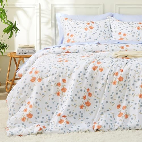 Image of MUXHOMO Orange Blossom Full Comforter Set, Elegant Floral Print Bed in a Bag 7 Pieces, Ultra Soft & Breathable Reversible Botanical Pattern Bedding Set with Comforter, Sheets, Pillowcases, and Shams