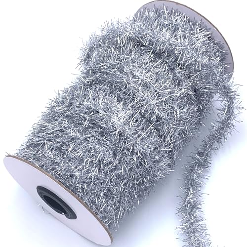 Bituinra 50 Yards Silver Metallic Tinsel Christmas Garland Tinsel Bibbon for Christmas Tree Wedding Birthday Party Decorations Supplies (Silver)