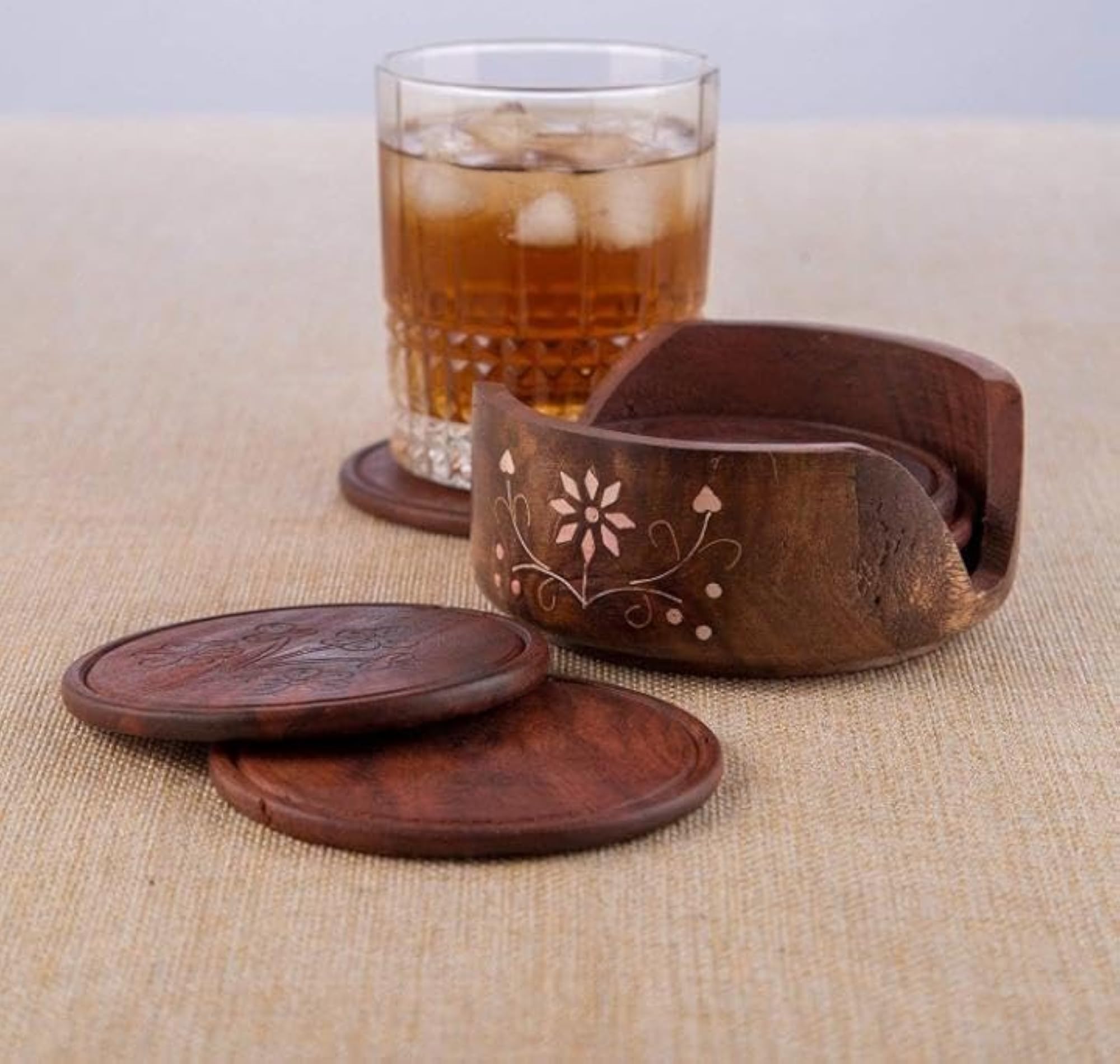 Round Drink Coasters Set of 6 with Decorative Holder