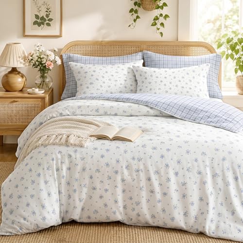 Freyamy Bettwäsche 155x220cm 2teilig Weiß Hellblau Blumen Bettwäsche-Set – Ansicht 6