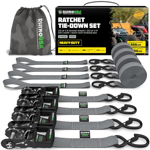 Image of Rhino USA Heavy Duty Ratchet Tie Downs (4-Pack) - 1.6in x 8ft, 5,000lb