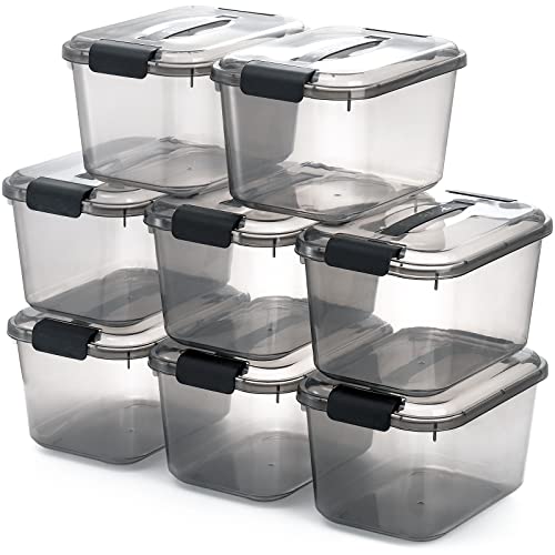 Elsjoy Set of 8 Plastic Storage Bins with Lid & Handle, 5.5 Quart Clear Storage Container Lidded Latch Box, Stackable Organizer Bins for Home, Closet, Shelf, Transparent Black