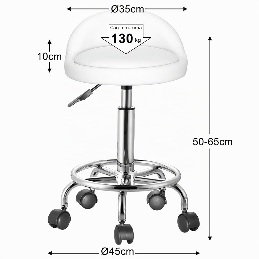 BAKAJI Taburete con Ruedas, Asiento Acolchado y Respaldo bajo de Piel sintética, Base con reposapiés de Acero Giratorio 360°, Altura Ajustable, Ideal para Esteticista, Cocina, restaurantes, (Blanco)