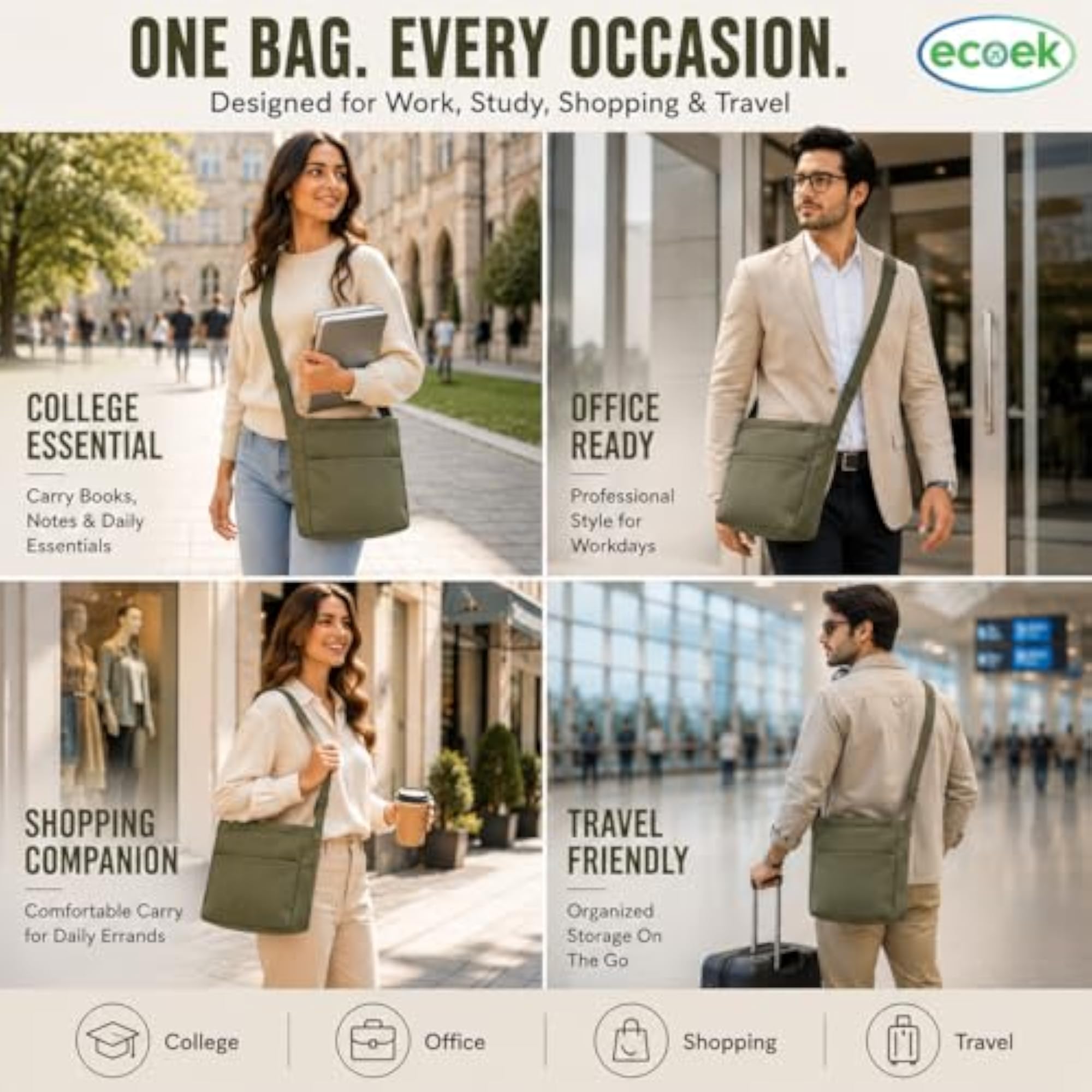 Canvas Crossbody Messenger Bag for Men & Women, Lightweight