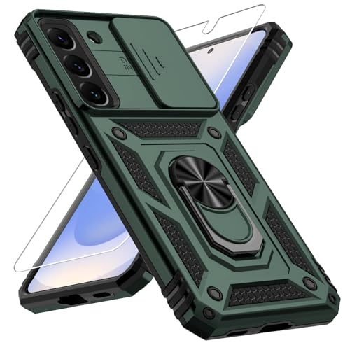 Weycolor for Samsung Galaxy S22 Case with Camera Lens Cover, HD Screen Protector, 10 FT Military Grade Drop Protection, Magnetic Ring Holder Kickstand Protective Phone Case, Pine Green