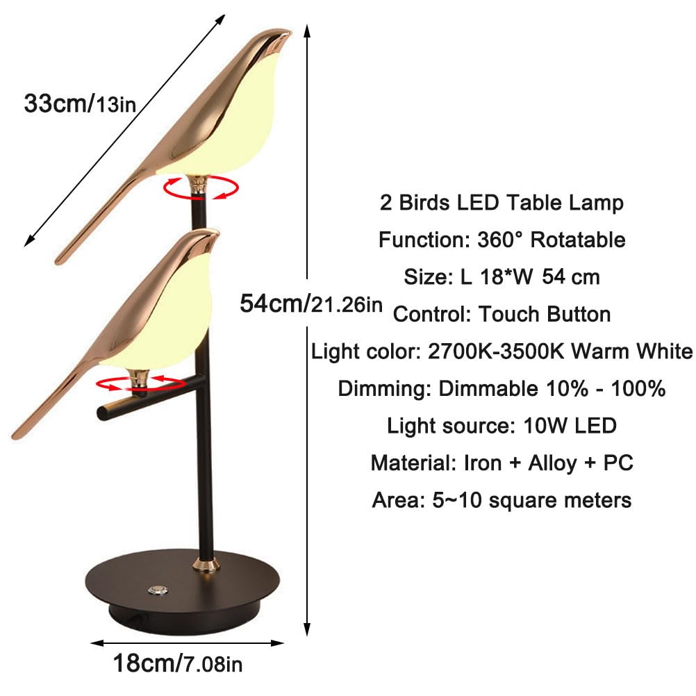 Lampara de Mesilla Táctil Dimmable Lampara de Mesa LED Diseño Pájaro Lámpara de Mesa Moderna Lámpara Pájaro Giratoria Ajustable Metal-Acrílico Lámpara de noche Pájaro para Dormitorio Salon,2 birds