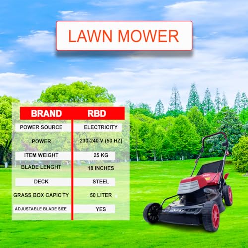Image of RBD 1800W Electric Power Rotary Lawn Mower - Heavy Duty Grass Cutting Machine with 50L Collection Box, Sharp Cutter Blade & Adjustable Cutting Height for Garden Grass Cutter & Outdoor Use (18 Inches)