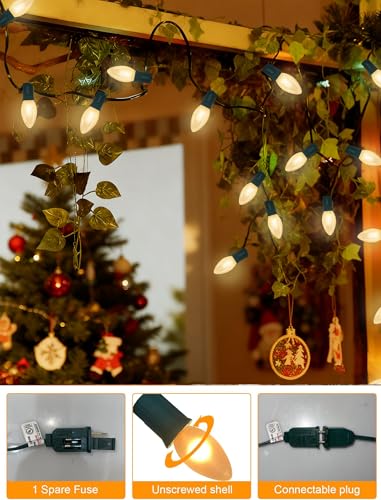 Image of 25Ft Frosted White Christmas Lights C9 Vintage Christmas String Lights with 26 Frosted White Bulbs(1 Spare) Hanging Outdoor String Lights for Patio Holidays Christmas Prom Party Wedding- Green Wire