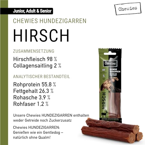 Chewies Hundezigarre Hirsch - Protein Kaustangen für Ihren Hund getreidefrei & zuckerfreie Hunde-Leckerli auch für Welpen & Senior Hunde geeignet, 10er Pack (je 75g)