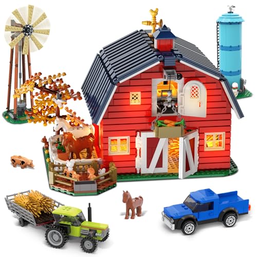 INSOON Juego de construcción de granero con luz, nuevo mejorado con estructura reforzada, 1419 piezas, juguete de construcción con animales, bloques de sujeción, regalo para adultos, niños y niñas, 10