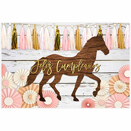 Funnytree 68" x 45" Feliz Cumpleanos Backdrop Spanish Horse Birthday Party Supplies for Girls Cowgirl Farm Western Bday Party Banner Rustic White Wooden Floor Decorations Cake Table Photo Booth Props