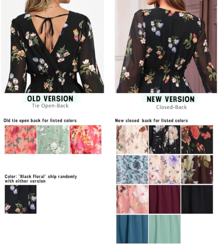 Image of Prettywear Women's Chiffon Long Sleeve Wrap Neck Wedding Guest Mini Dress | Wrap V Neck Smocked Waist Flowy Dress, Spring Fall Outfits for Cocktail, Vacation, Date Night Party