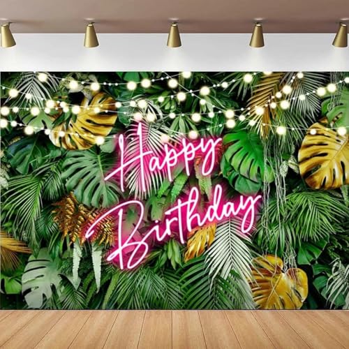 Fondo para fotografía de Feliz cumpleaños con Hojas de Palmera Hawaianas Tropicales Aloha, Fondo de Hojas Verdes de Jungla de neón Rosa, póster 440x300CM