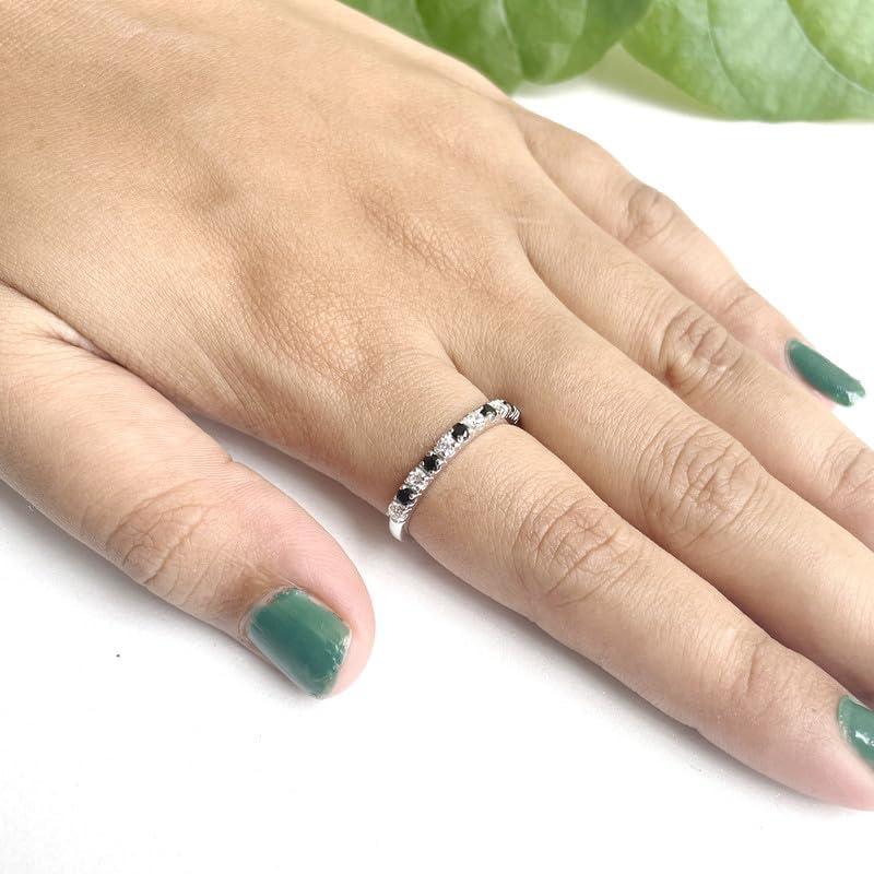 Alternate Black & White Diamond Half Eternity Wedding Band For Women, 14k Gold Finish Black Diamond Wedding Band, Ladies Stackable Diamond Ring