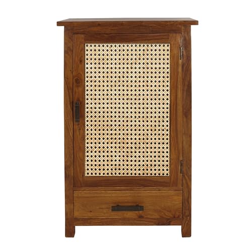Image of The Attic Sheesham Mini Glazed Bookcase with Cane, Multipurpose for Living Room Bed Room Study, Solid Wood, Honey Matte Finish